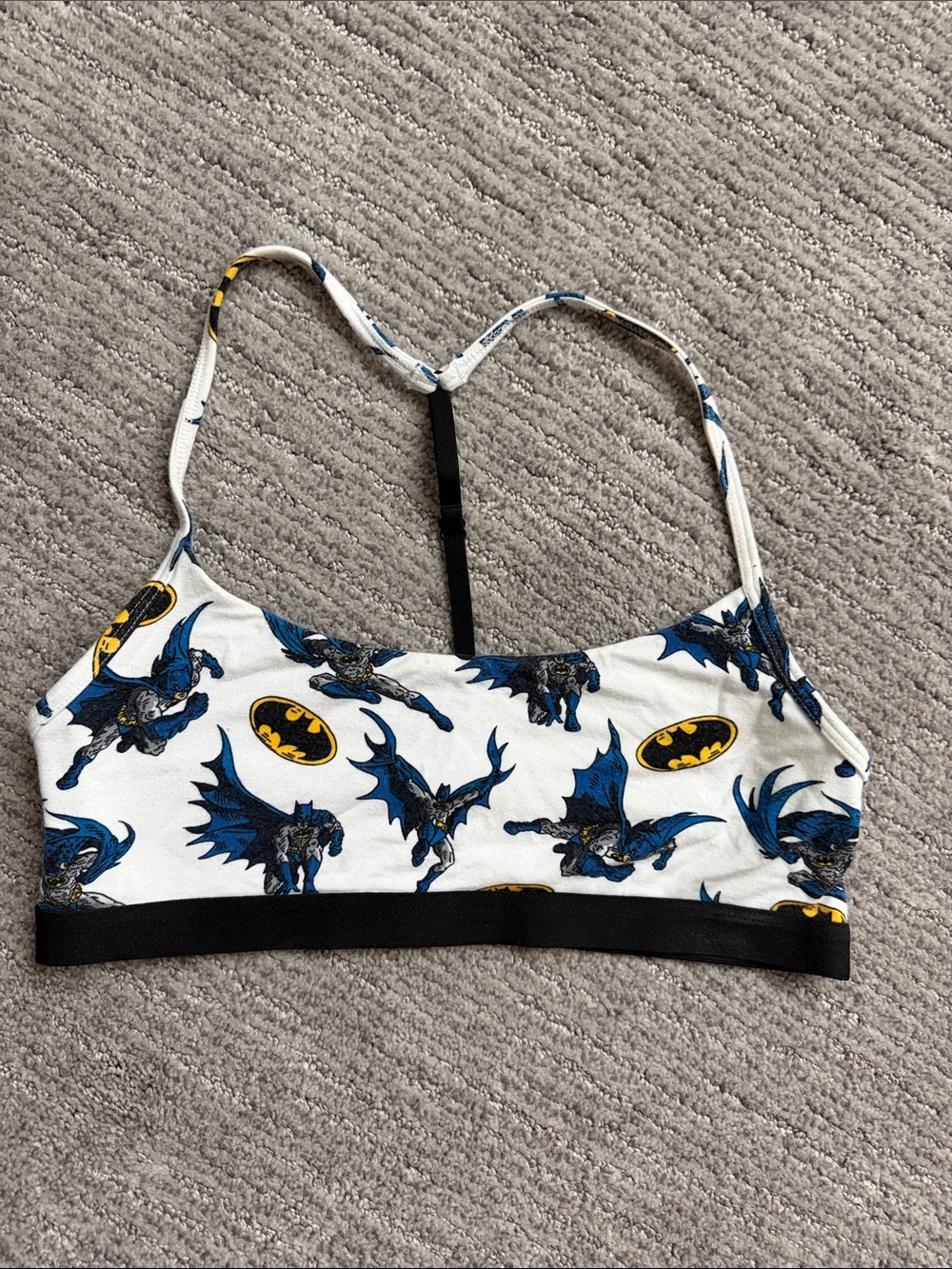 MeUndies White Batman Print Bralette with Blue & Yellow Accents